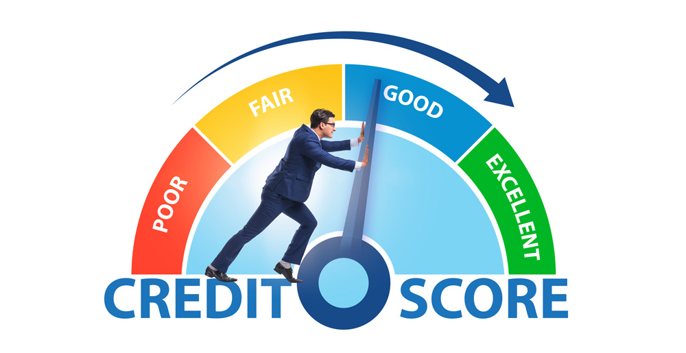 Businessman analyzing credit score improvement on computer.