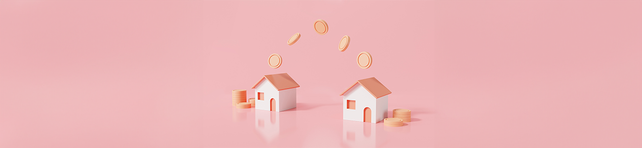 Two houses with a money transfer symbol between them