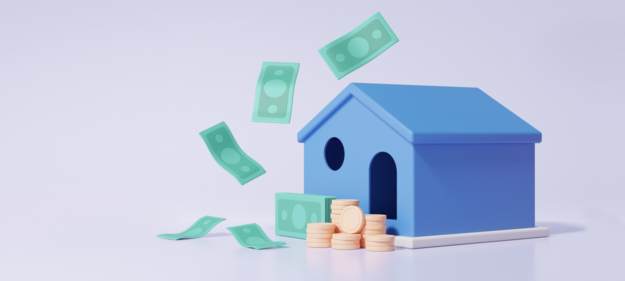 Stack of coins and banknotes floating with home of Balance Transfer money concept