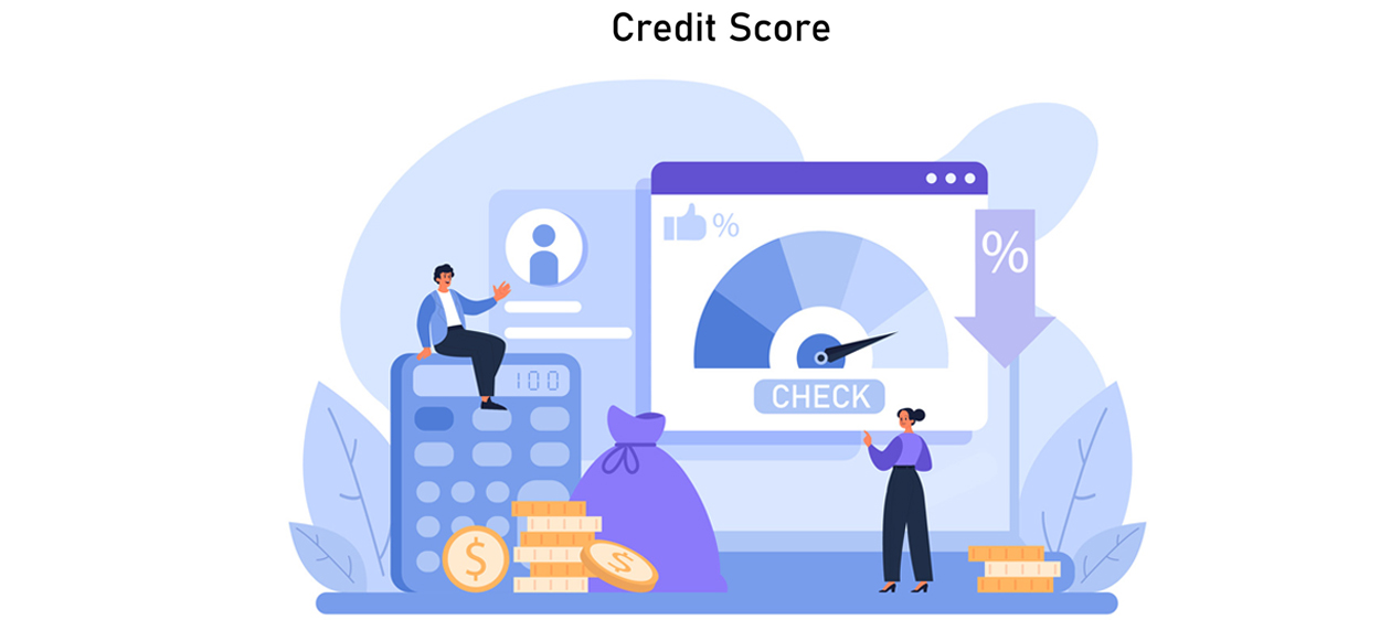 Credit score explained through visual elements of calculator, gauges, and financial symbols