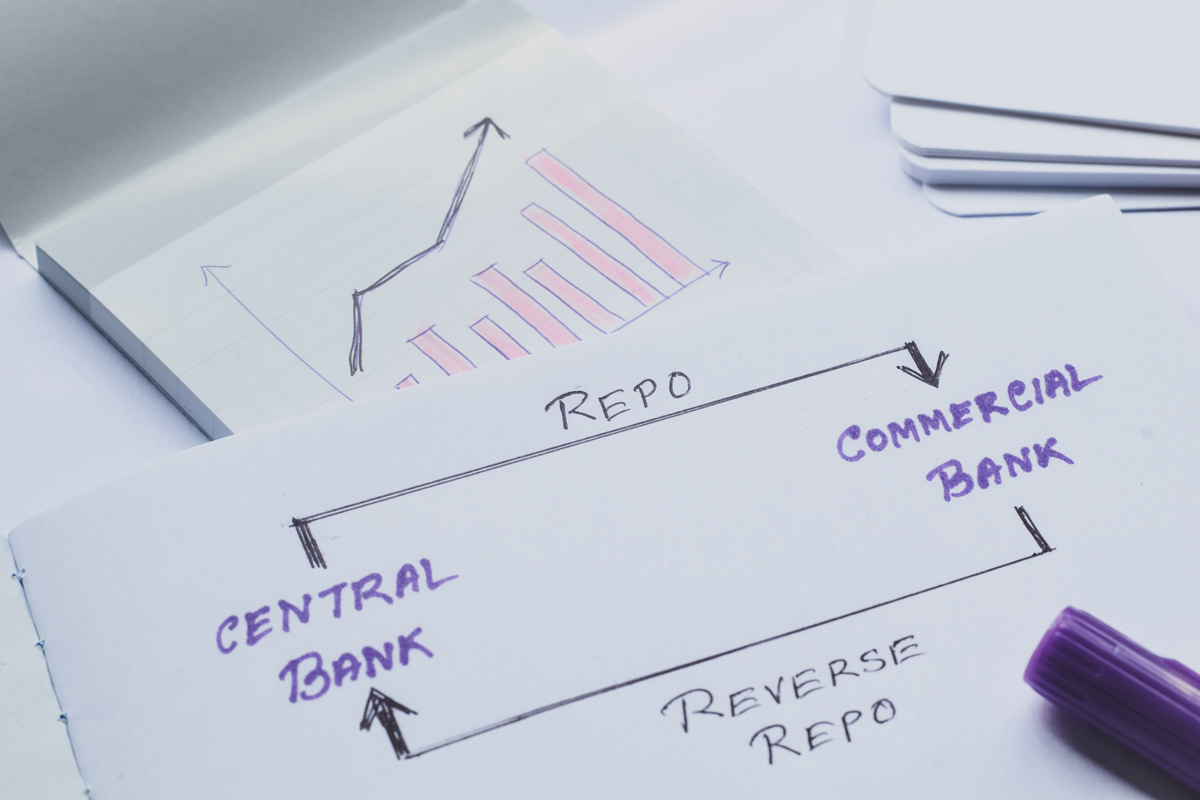 Repo and Reverse Repo Rate handwritten text with explanation on desk